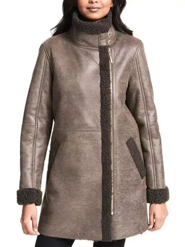 Women’s Brown Aviator Shearling Coat with Faux Fur Lining