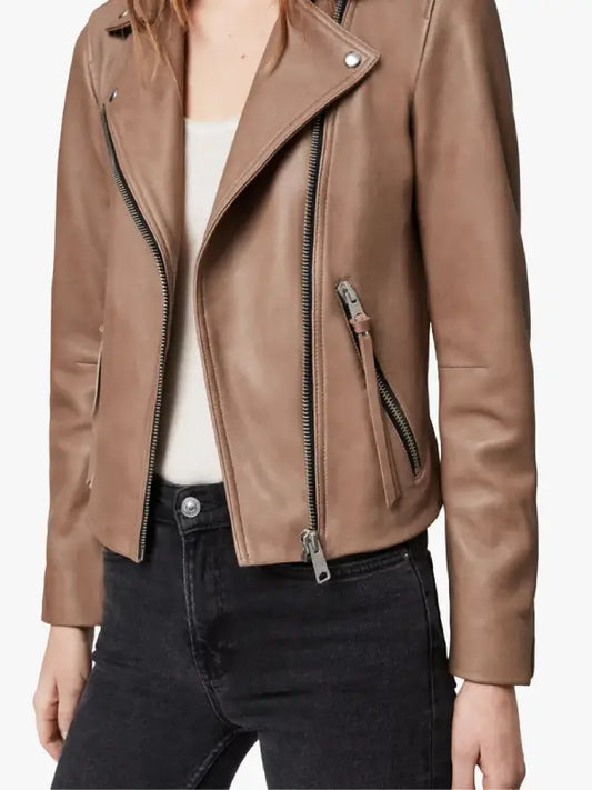Women’s Tan Leather Biker Jacket with Asymmetrical Zip and Notched Collar