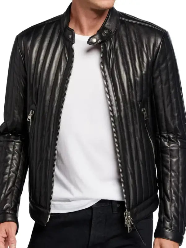Men’s Black Quilted Leather Biker Jacket with Stand Collar and Zip Closure
