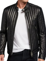 Men’s Black Quilted Leather Biker Jacket with Stand Collar and Zip Closure