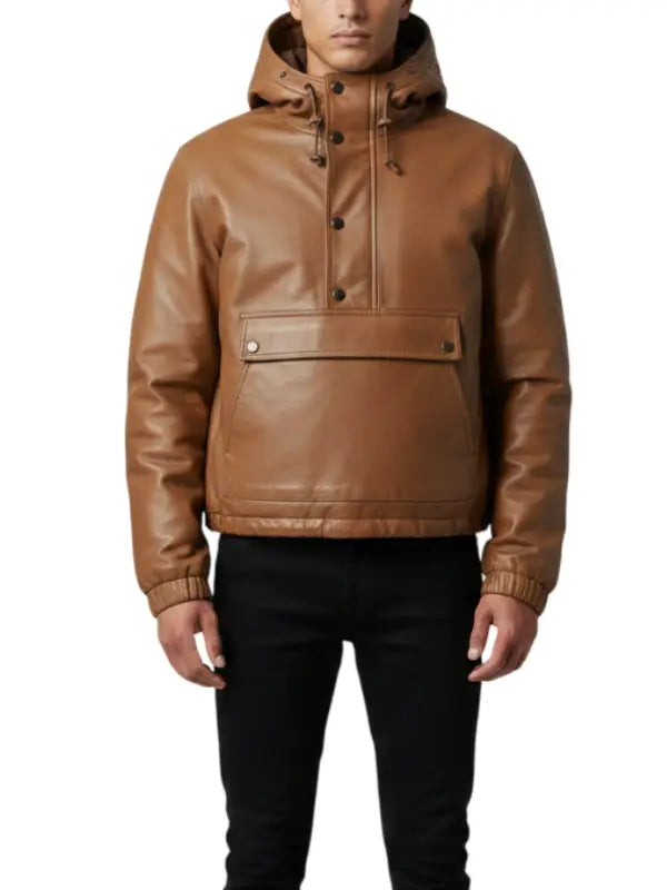 Tan Brown Hooded Leather Pullover Jacket for Men