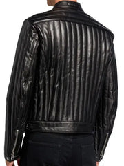Men’s Black Quilted Leather Biker Jacket with Stand Collar and Zip Closure