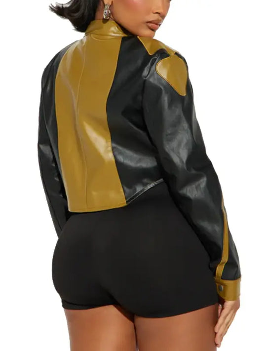 Women’s Black & Mustard Cropped Leather Moto Jacket