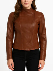 Women’s Tan Asymmetrical Leather Jacket with High Collar, Fitted Biker Style