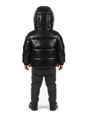 Kids Black Glossy Hooded Puffer Jacket – Lightweight Winter Warm Coat
