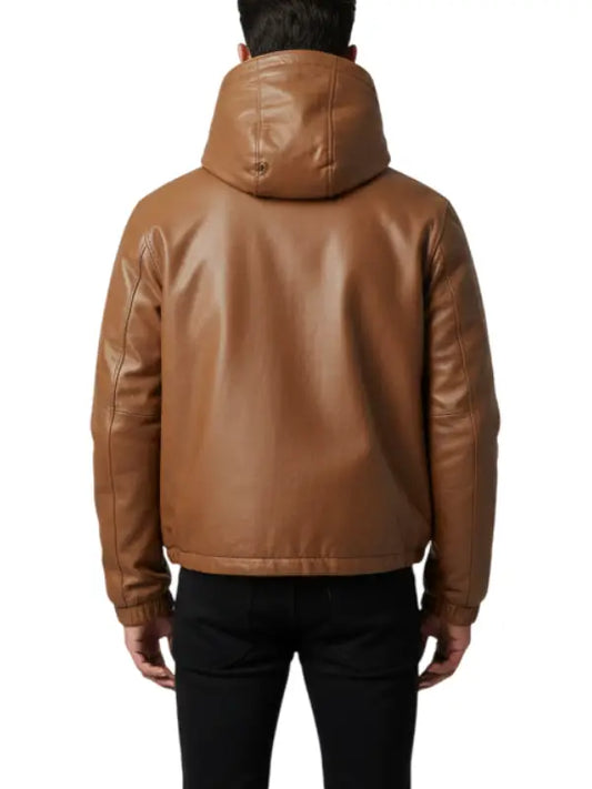 Tan Brown Hooded Leather Pullover Jacket for Men