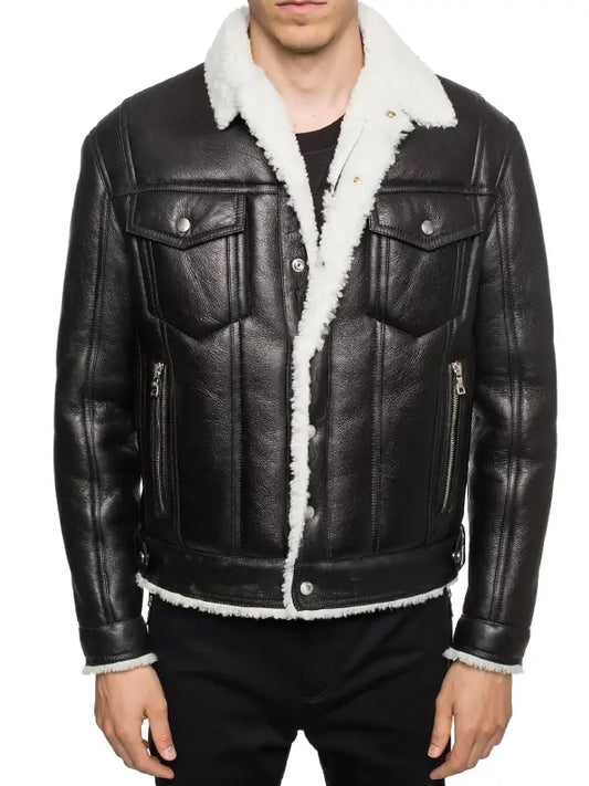 Men’s Black Shearling Leather Jacket with Faux Fur Collar and Button Front