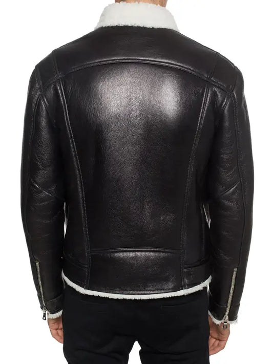 Men’s Black Shearling Leather Jacket with Faux Fur Collar and Button Front