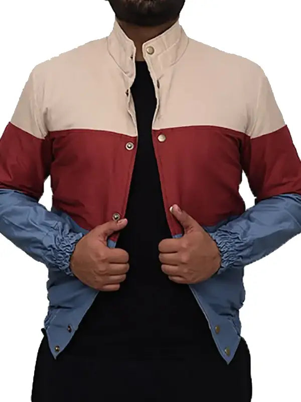 Men’s Tricolor Stand Collar Casual Jacket | Beige, Maroon & Blue Colorblock