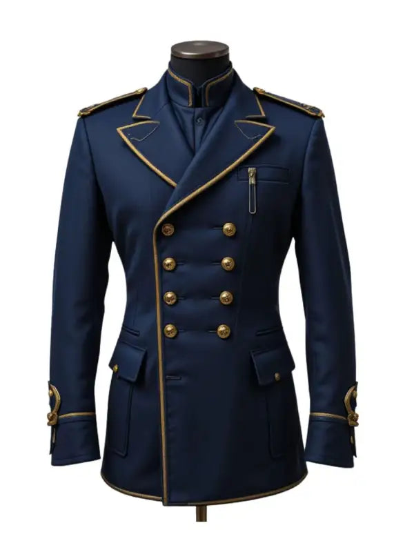 Men’s Navy Blue Military Officer Coat with Gold Buttons