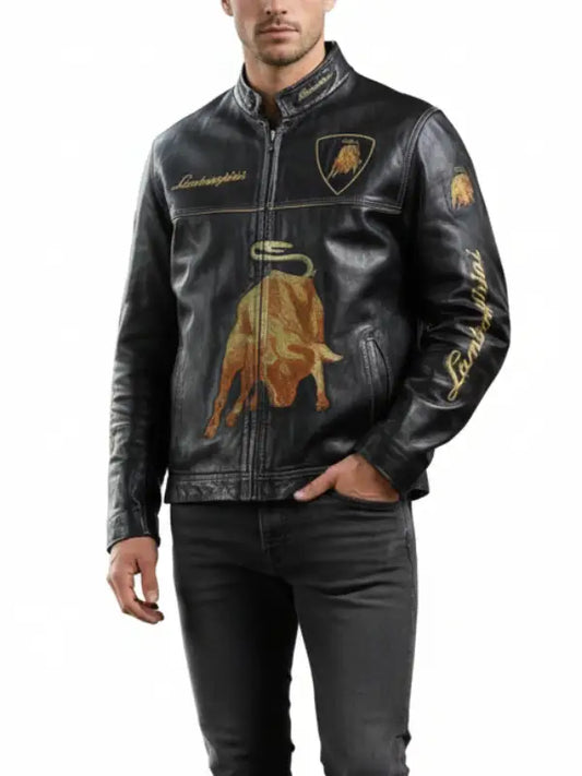 Lamborghini Bull Black Leather Jacket for Men Premium Motorsport Style