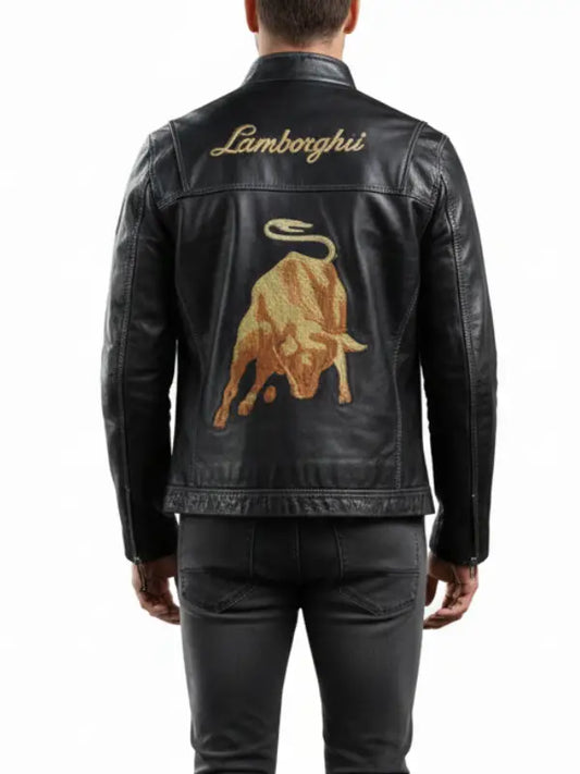 Lamborghini Bull Black Leather Jacket for Men Premium Motorsport Style
