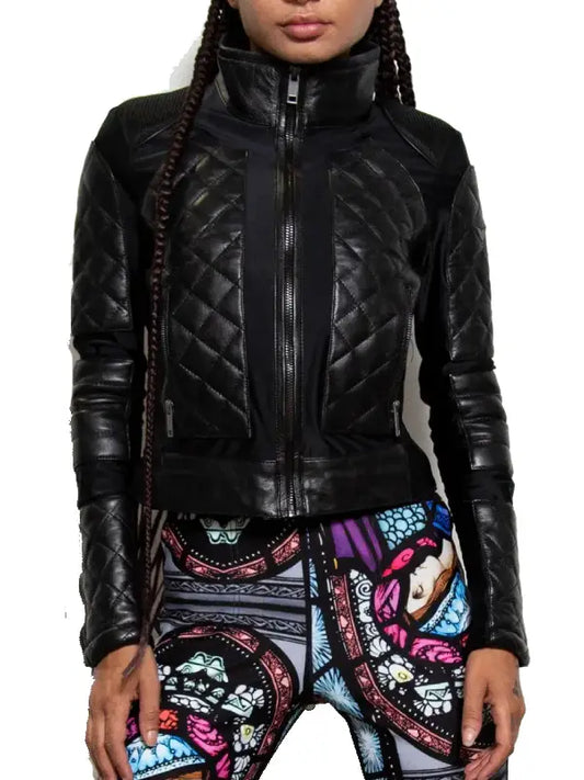 Women’s Black Quilted Leather Jacket with Lace-Up Back and Slim Fit Design