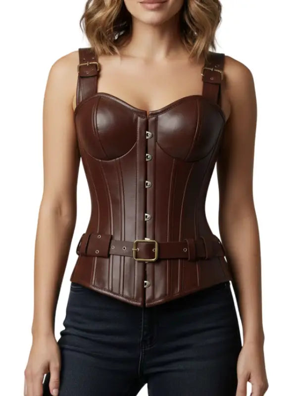 Women’s Real Leather Brown Corset Top with Adjustable Buckle Straps