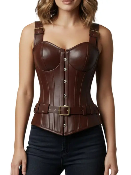 Women’s Real Leather Brown Corset Top with Adjustable Buckle Straps