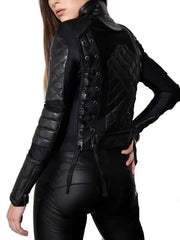Women’s Black Quilted Leather Jacket with Lace-Up Back and Slim Fit Design