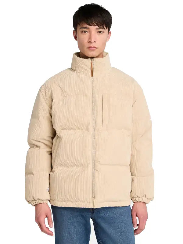 Men’s Beige Corduroy Puffer Jacket with High Neck and Hood