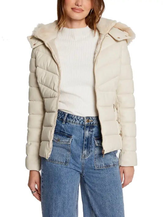 Women’s Cream Hooded Puffer Jacket with Faux Fur Trim