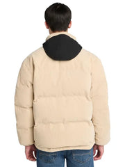 Men’s Beige Corduroy Puffer Jacket with High Neck and Hood