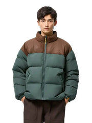 Men’s Two-Tone Green & Brown Puffer Jacket with Zip Front