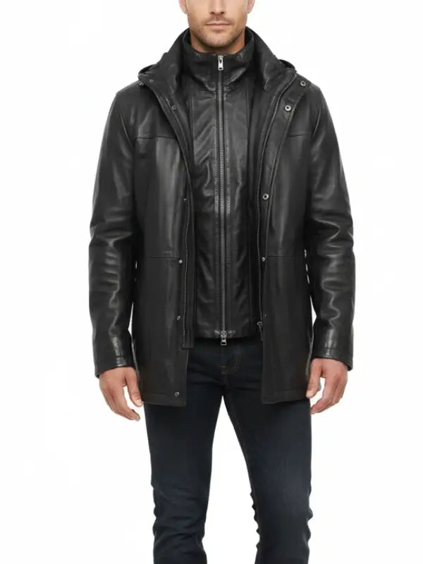 Men’s Real Leather Black Long Jacket with Removable Inner Layer