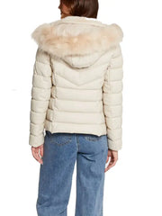 Women’s Cream Hooded Puffer Jacket with Faux Fur Trim