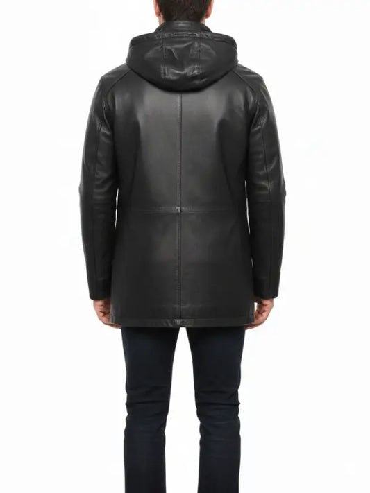 Men’s Real Leather Black Long Jacket with Removable Inner Layer