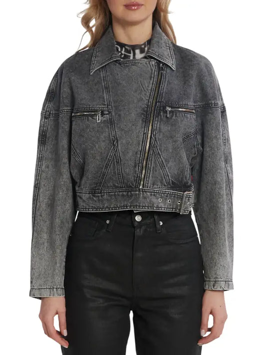 Women’s Charcoal Grey Cropped Denim Jacket with Asymmetric Zip