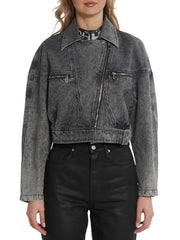 Women’s Charcoal Grey Cropped Denim Jacket with Asymmetric Zip