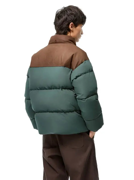 Men’s Two-Tone Green & Brown Puffer Jacket with Zip Front