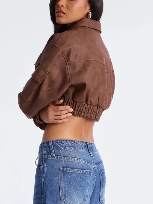 Women’s Cropped Leather Jacket with Utility Pockets