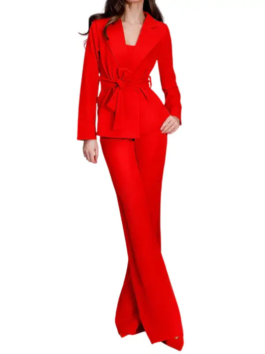 Women's Elegant Red Belted Blazer Pants Suit Set