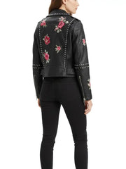 Women’s Black Floral Embroidered Leather Biker Jacket with Studs