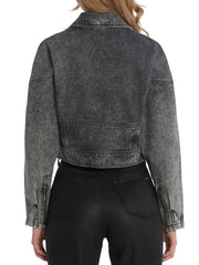 Women’s Charcoal Grey Cropped Denim Jacket with Asymmetric Zip