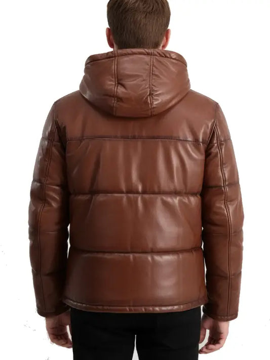 Men's Brown Real Leather Puffer Jacket with Detachable Hood