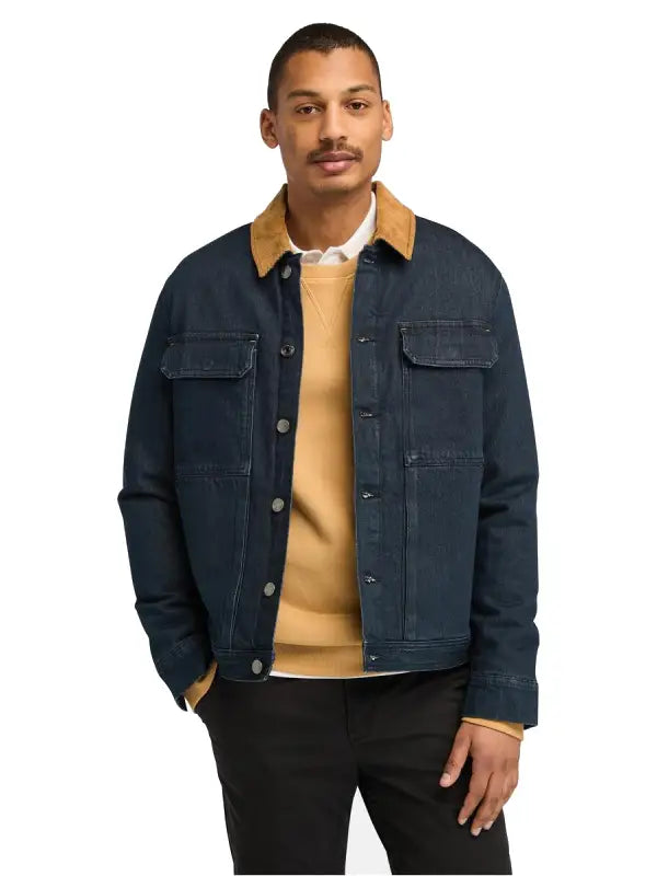 Men’s Dark Blue Denim Jacket with Tan Corduroy Collar