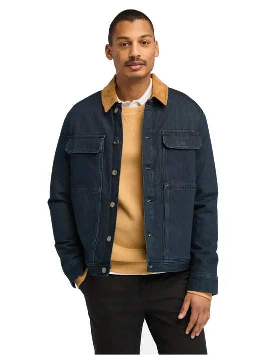 Men’s Dark Blue Denim Jacket with Tan Corduroy Collar