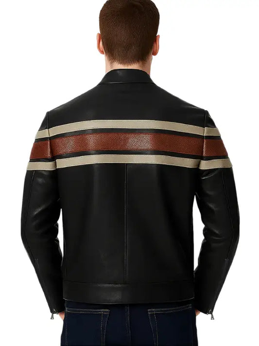 Men’s Black Real Leather Jacket with Brown and Beige Racing Stripes
