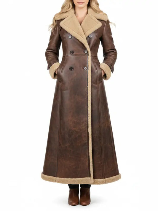 Women’s Brown Shearling Leather Long Coat | Double-Breasted Winter Trench