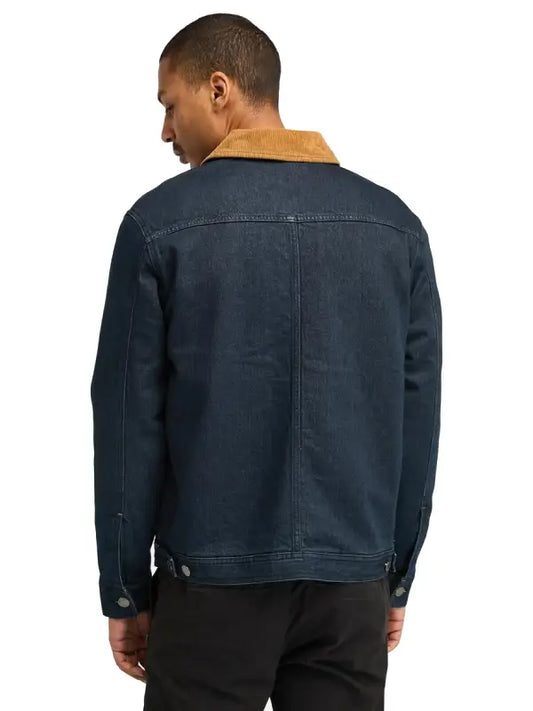 Men’s Dark Blue Denim Jacket with Tan Corduroy Collar