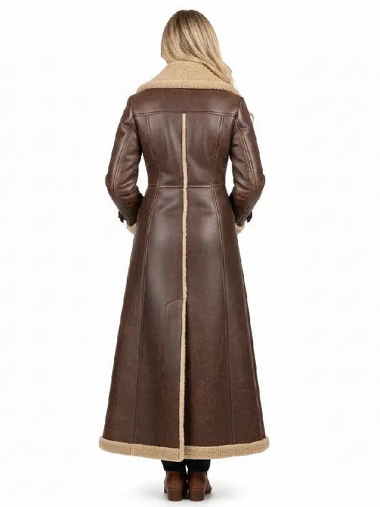 Women’s Brown Shearling Leather Long Coat | Double-Breasted Winter Trench