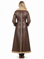 Women’s Brown Shearling Leather Long Coat | Double-Breasted Winter Trench