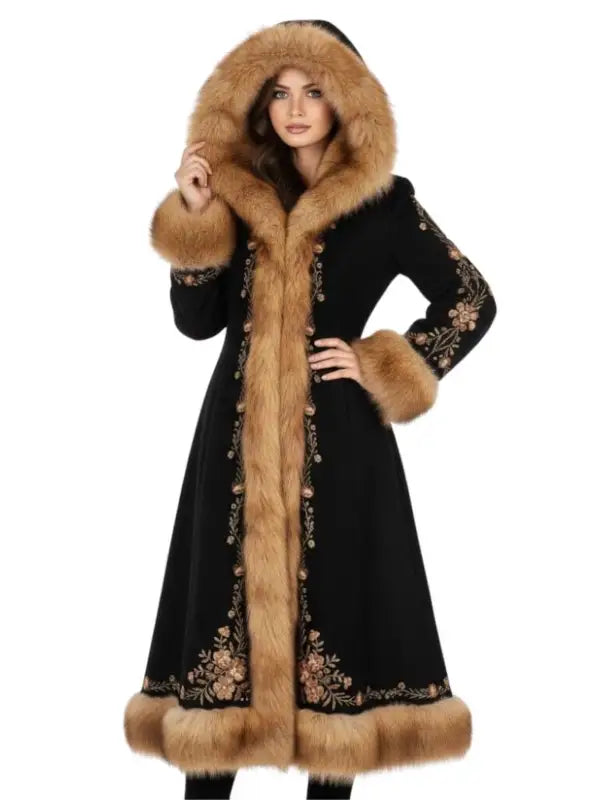 Women’s Black Embroidered Long Coat with Faux Fur Hood | Luxury Winter Coat