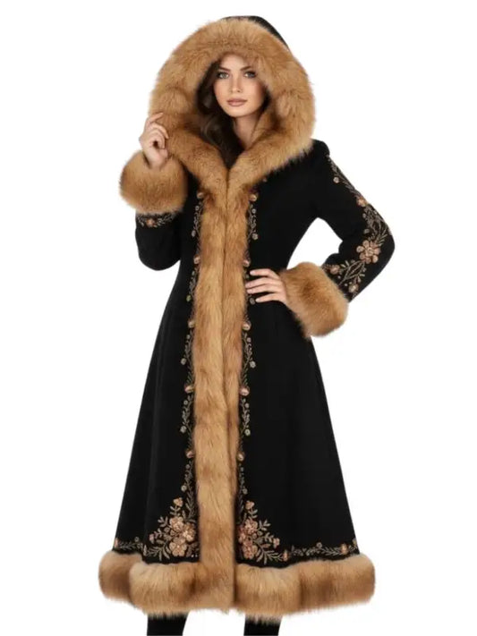Women’s Black Embroidered Long Coat with Faux Fur Hood | Luxury Winter Coat