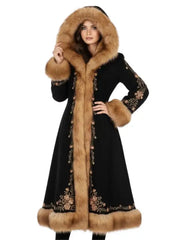 Women’s Black Embroidered Long Coat with Faux Fur Hood | Luxury Winter Coat