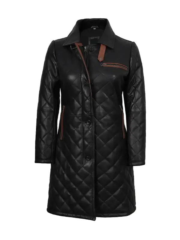Women’s Black Quilted Leather Coat – Diamond Stitch Long Winter Jacket