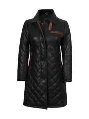 Women’s Black Quilted Leather Coat – Diamond Stitch Long Winter Jacket