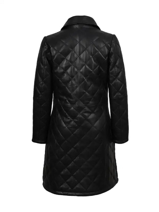 Women’s Black Quilted Leather Coat – Diamond Stitch Long Winter Jacket