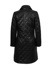Women’s Black Quilted Leather Coat – Diamond Stitch Long Winter Jacket