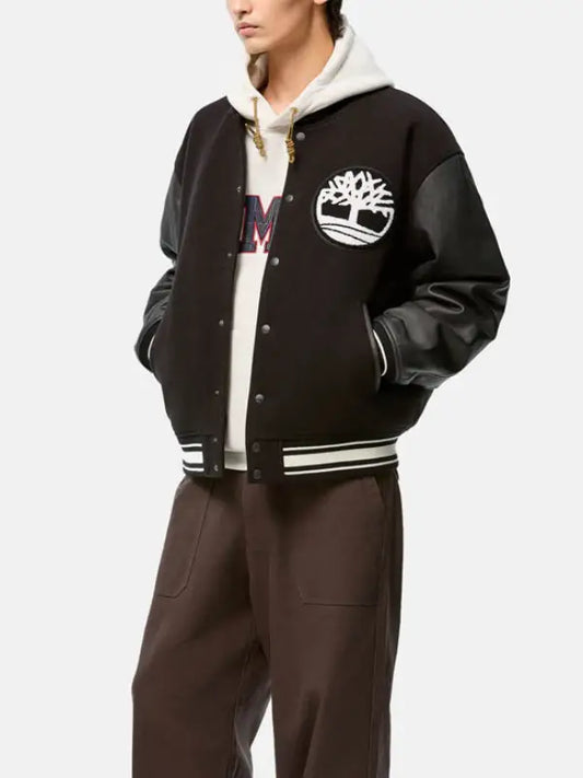 Men’s Black Varsity Jacket with Leather Sleeves